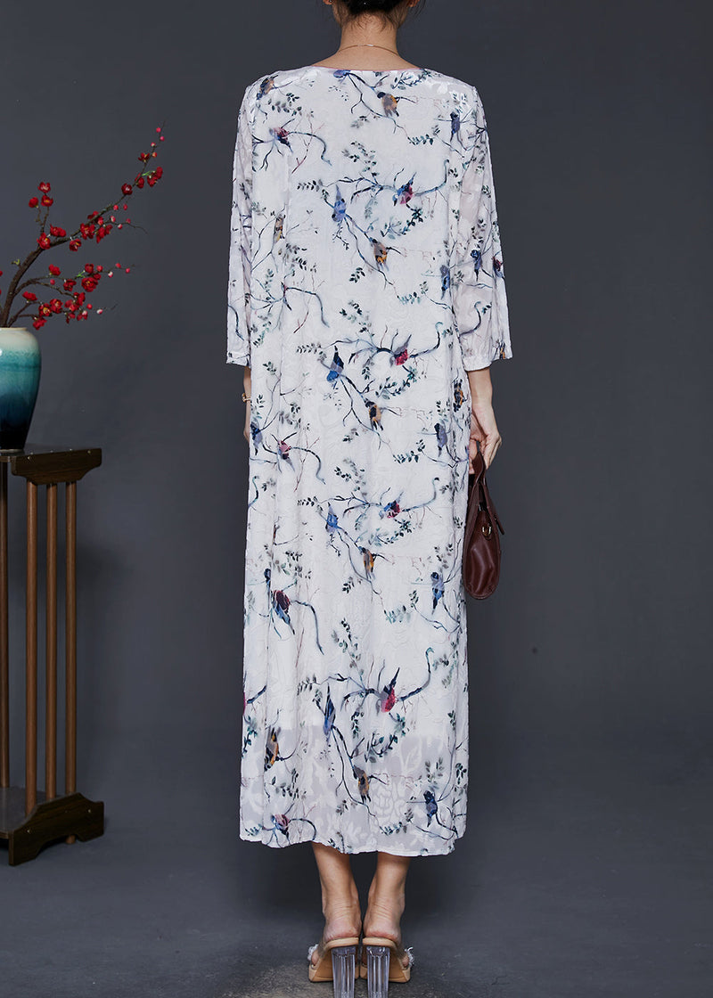 White Chinese Button Print Silk Velvet Dress Spring