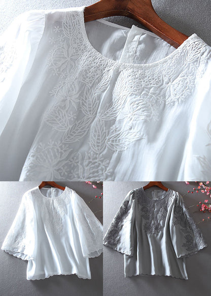 White Embroidered Chiffon Shirt Tops Summer