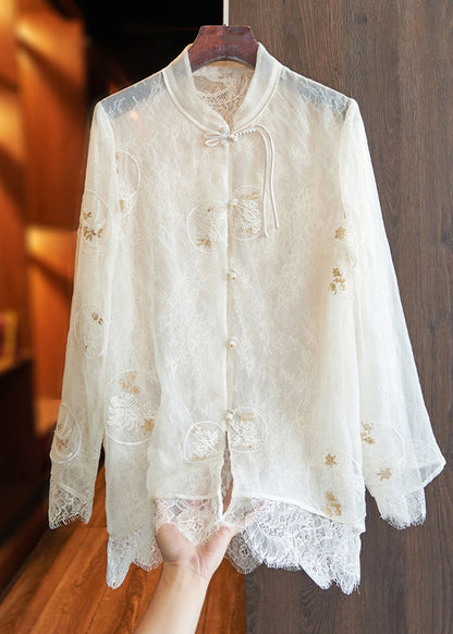 Vintage White Embroidered Lace Patchwork Silk Shirts Top Spring