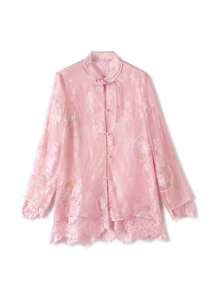 Vintage White Embroidered Lace Patchwork Silk Shirts Top Spring