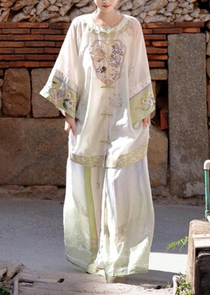 White Embroidered Patchwork Shirts Wide Leg Pants and Two Pieces Set Spring