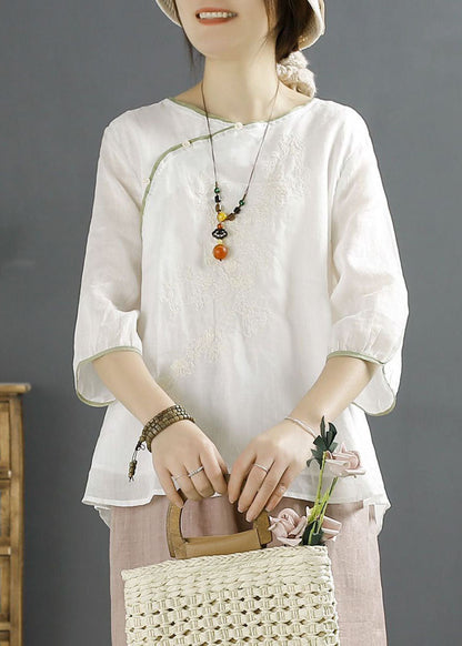 White Embroideried Chinese Button Patchwork Linen Shirt Top Summer