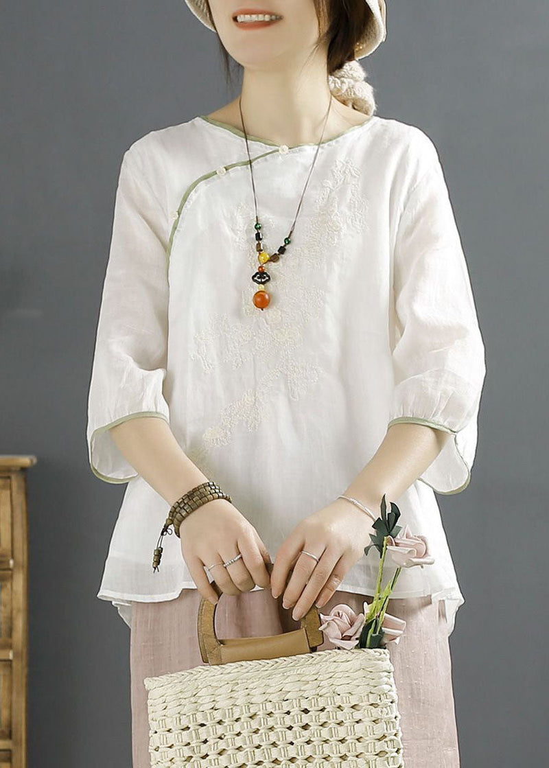 White Embroideried Chinese Button Patchwork Linen Shirt Top Summer