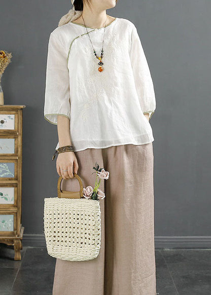White Embroideried Chinese Button Patchwork Linen Shirt Top Summer