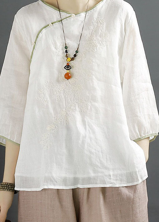 White Embroideried Chinese Button Patchwork Linen Shirt Top Summer