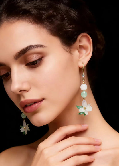 White Jade Lotus Flower Drop Earrings