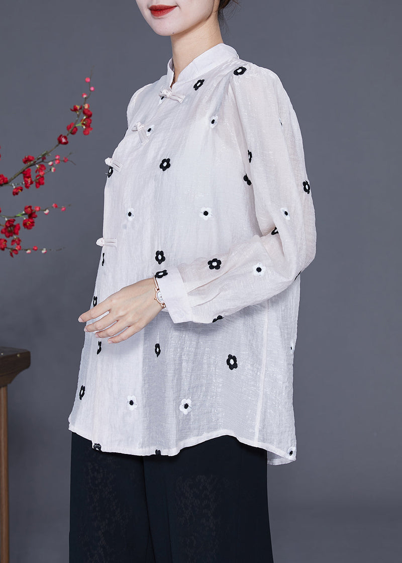 White Mandarin Collar Embroideried Chinese Button Silk Top Spring