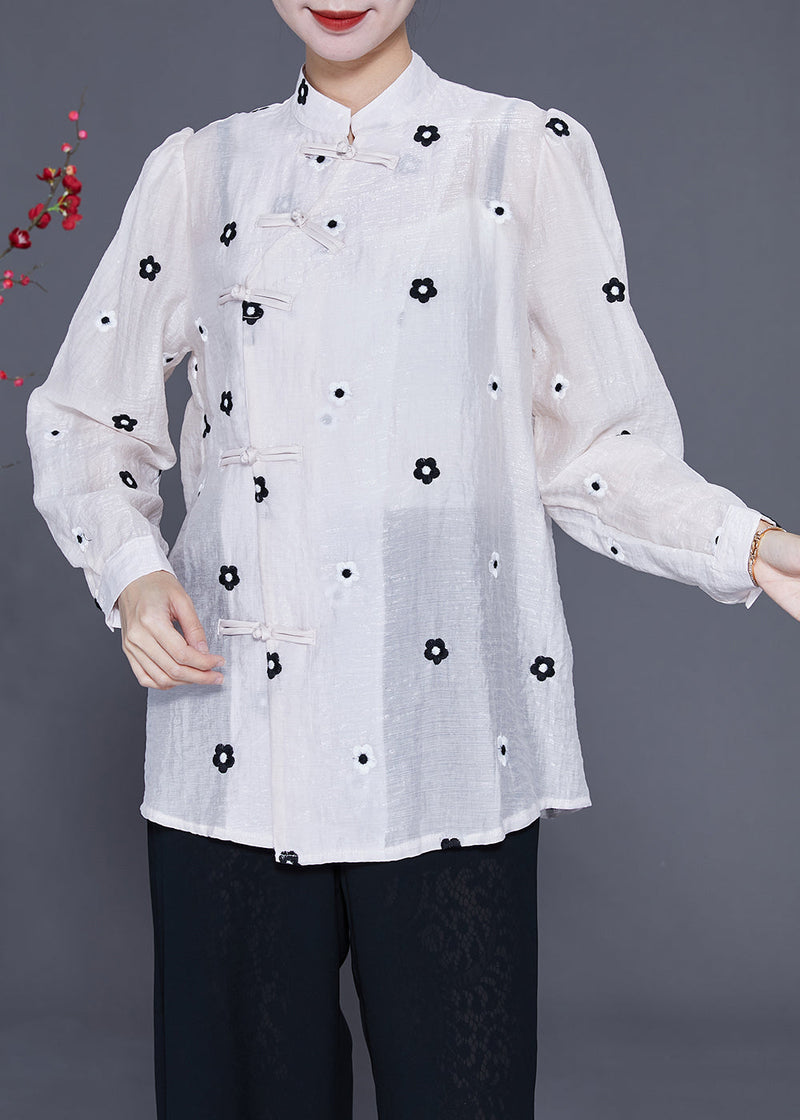 White Mandarin Collar Embroideried Chinese Button Silk Top Spring