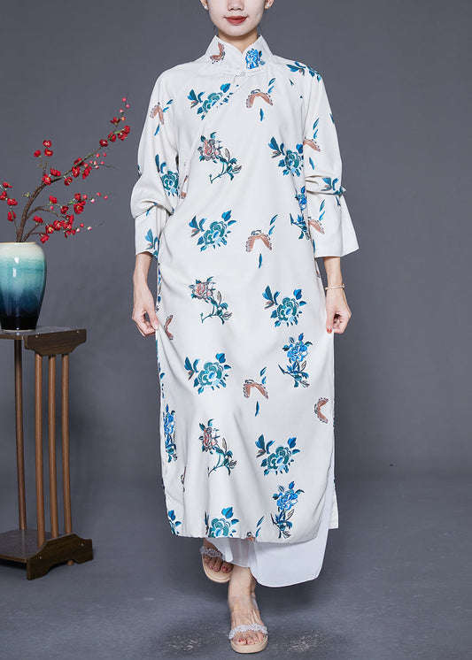 White Mandarin Collar Embroideried Satin Dress Caftan Spring