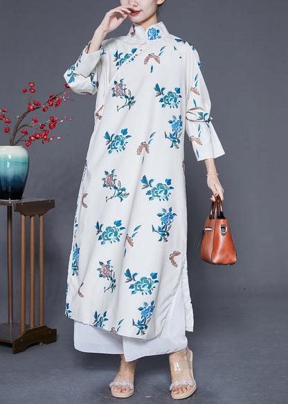 White Mandarin Collar Embroideried Satin Dress Caftan Spring