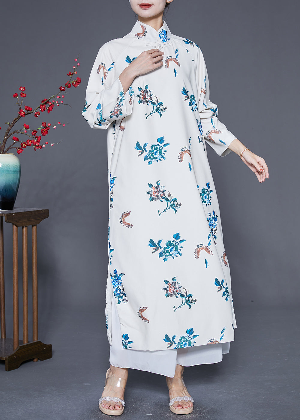 White Mandarin Collar Embroideried Satin Dress Caftan Spring