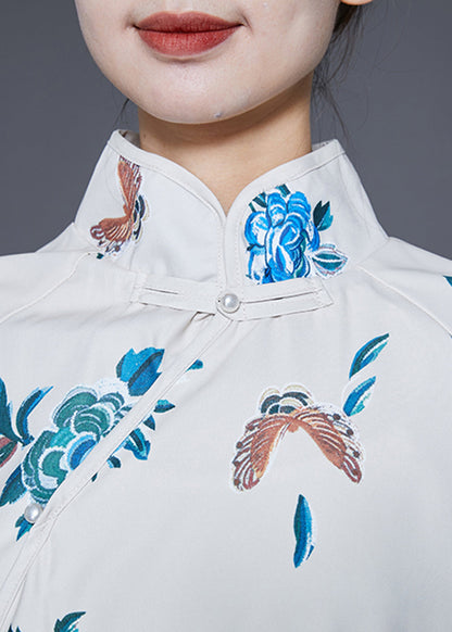 White Mandarin Collar Embroideried Satin Dress Caftan Spring