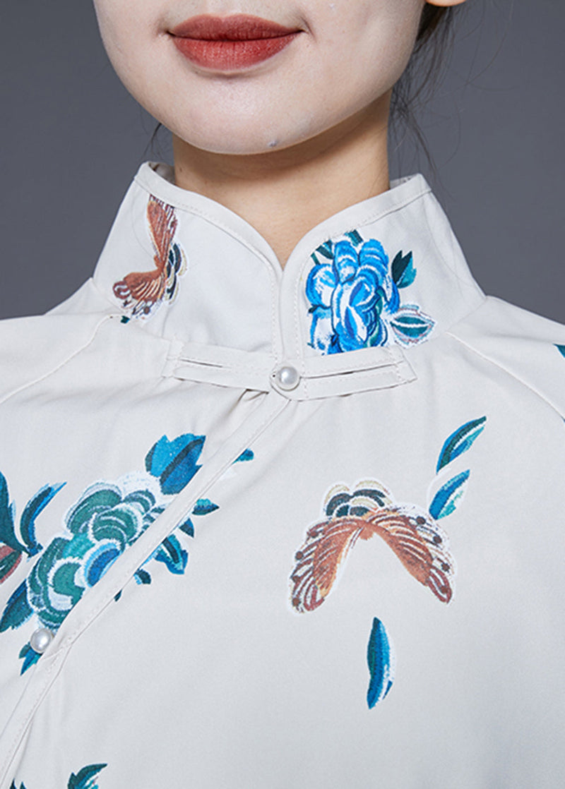 White Mandarin Collar Embroideried Satin Dress Caftan Spring