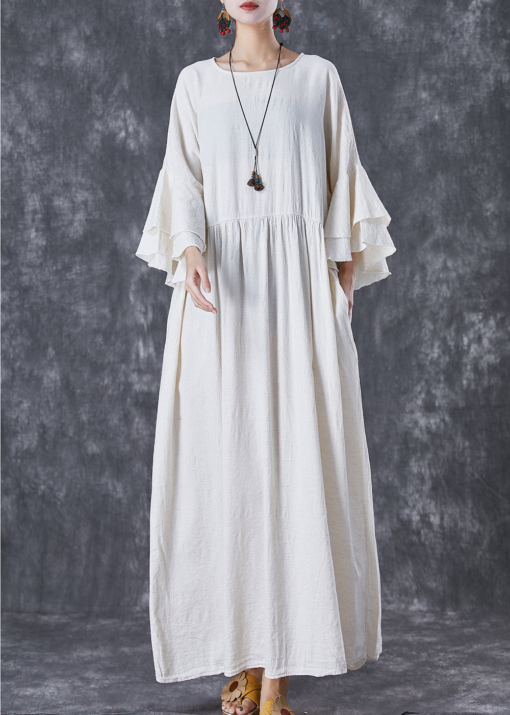White Oversized Exra Large Hem Linen Maxi Dresses Flare Sleeve