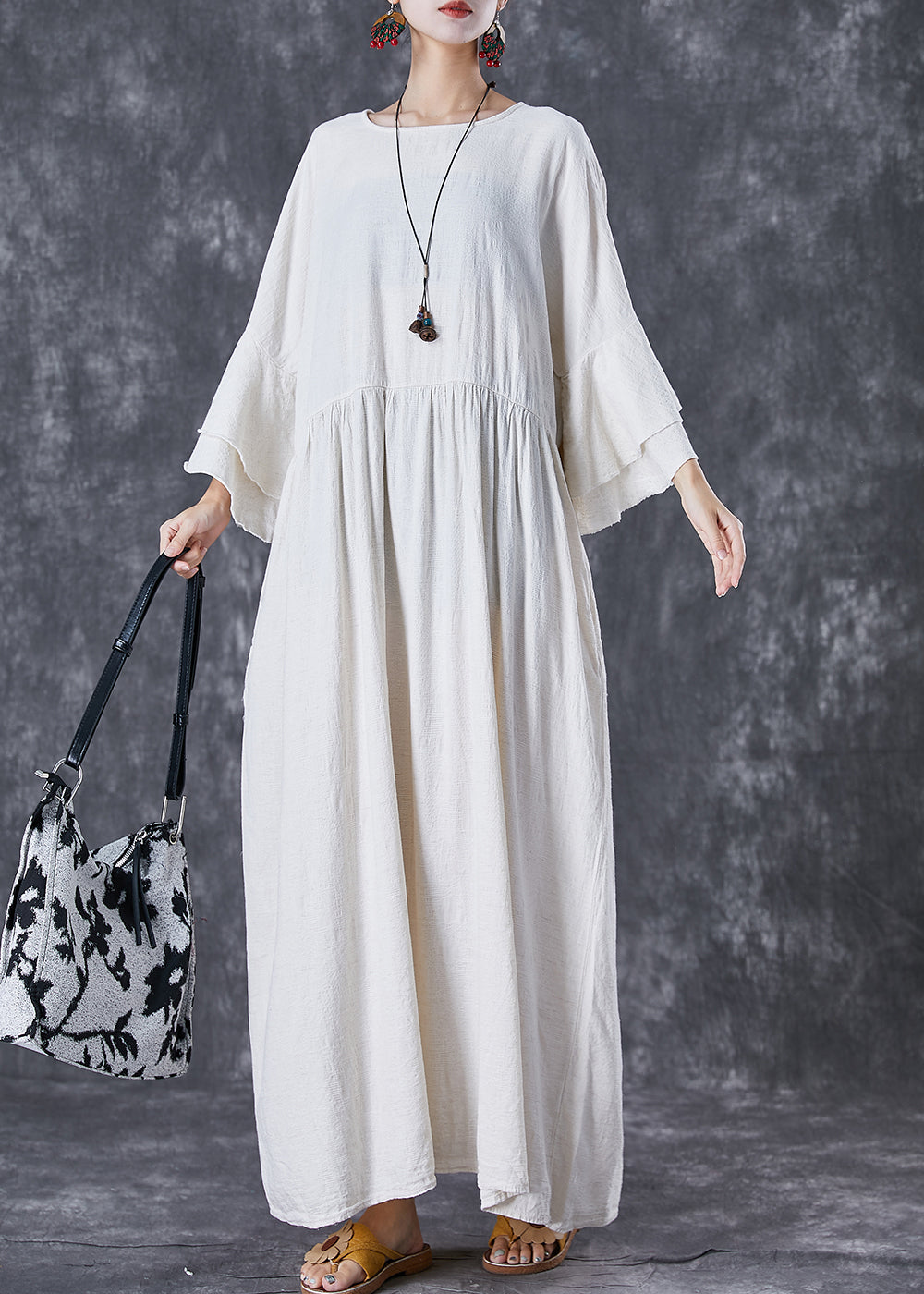 White Oversized Exra Large Hem Linen Maxi Dresses Flare Sleeve