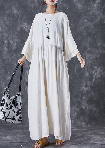 White Oversized Exra Large Hem Linen Maxi Dresses Flare Sleeve