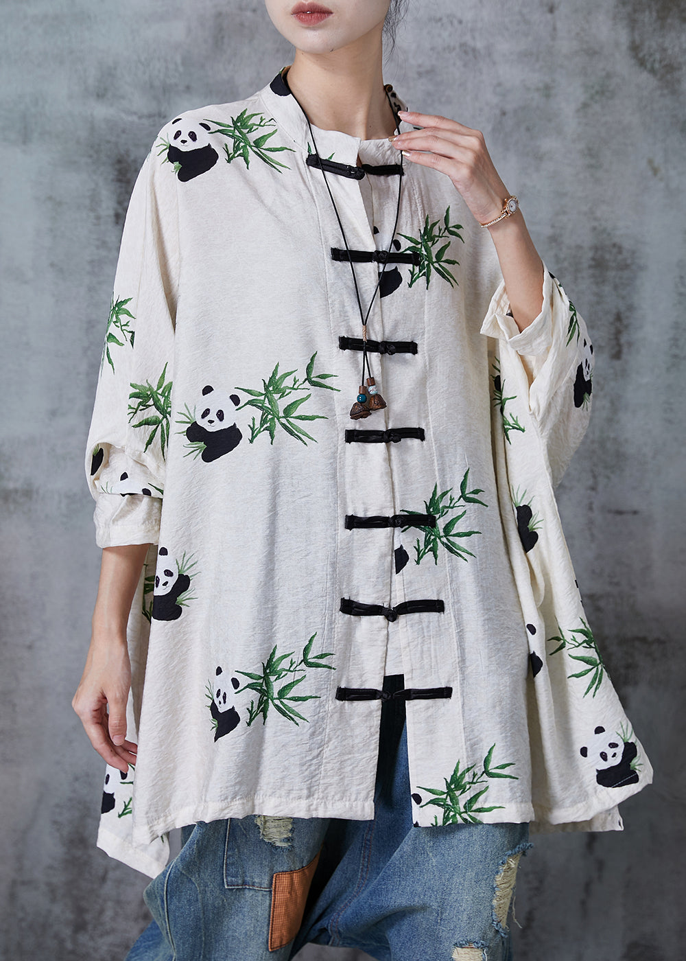 Vintage White Oversized Print Cotton Blouse Top Fall