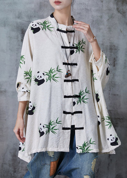Vintage White Oversized Print Cotton Blouse Top Fall