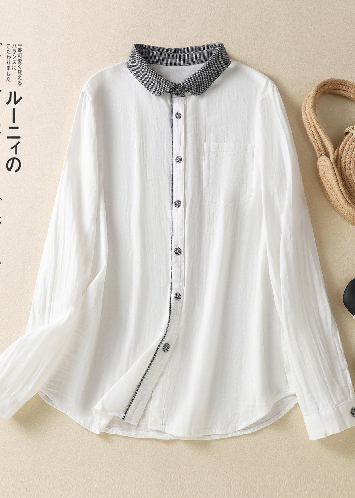 Vintage White Peter Pan Collar Patchwork Linen Shirt Top Spring