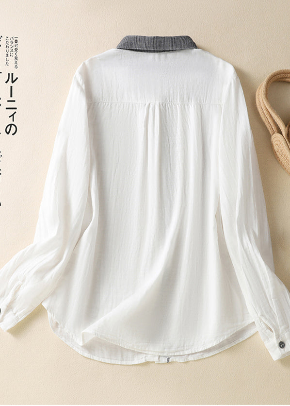Vintage White Peter Pan Collar Patchwork Linen Shirt Top Spring