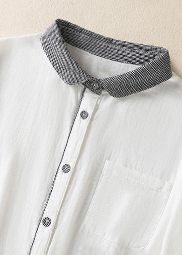 Vintage White Peter Pan Collar Patchwork Linen Shirt Top Spring