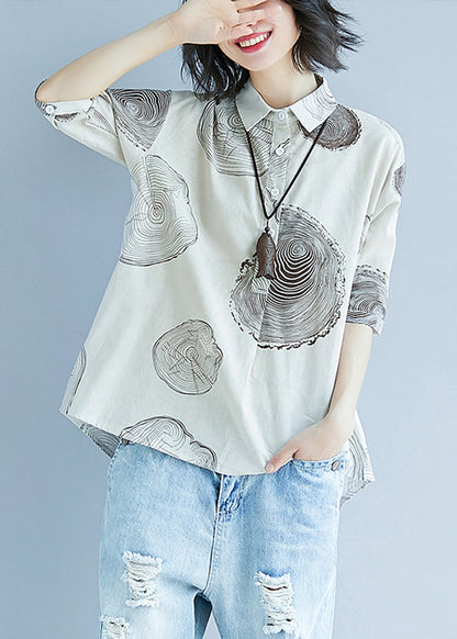 White Peter Pan Collar Print Cotton Top Half Sleeve