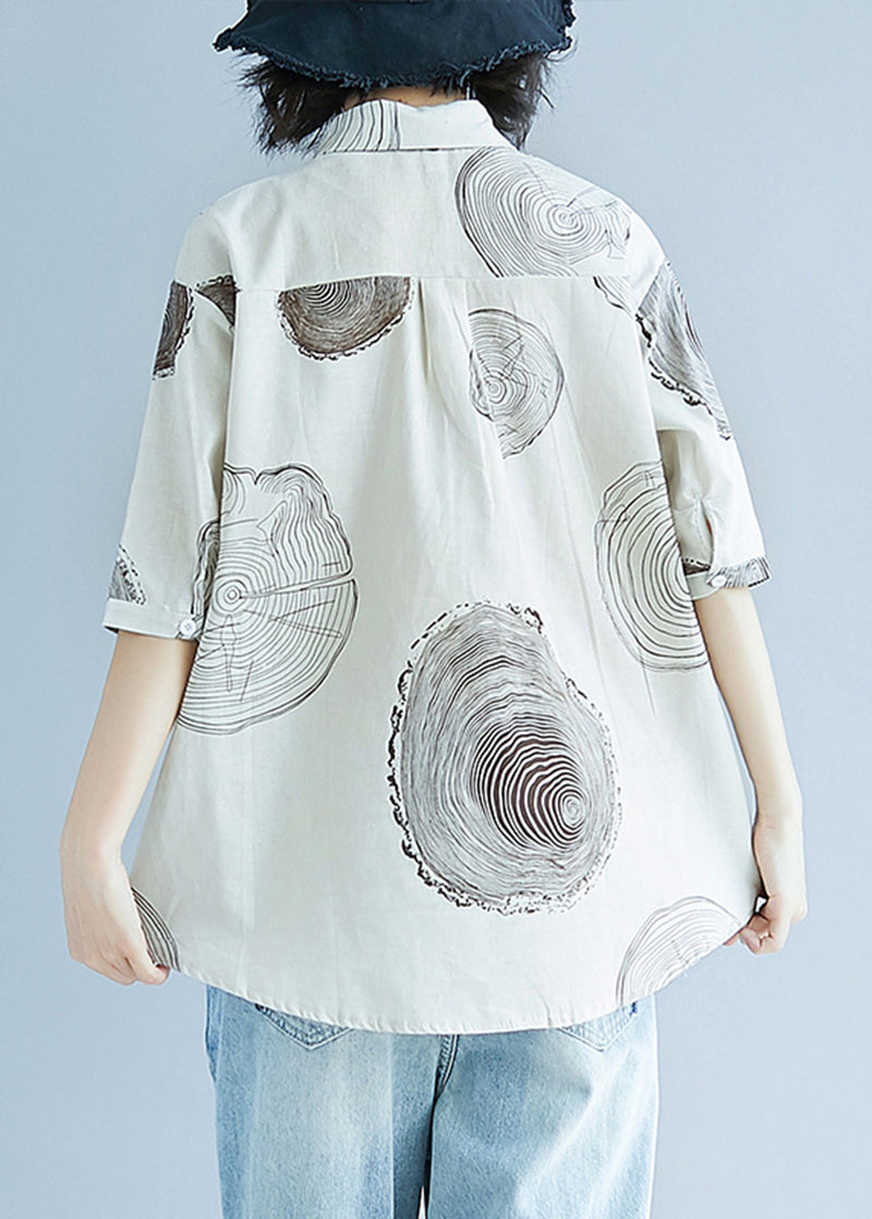 White Peter Pan Collar Print Cotton Top Half Sleeve