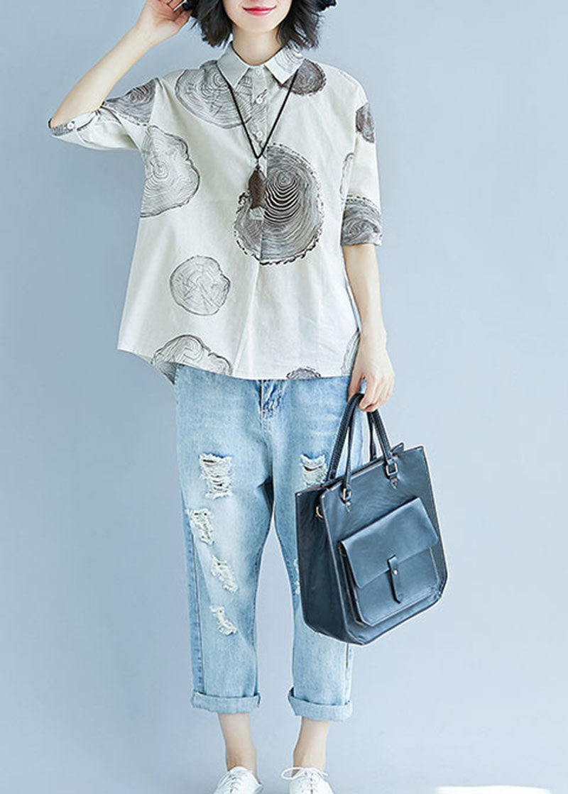 White Peter Pan Collar Print Cotton Top Half Sleeve