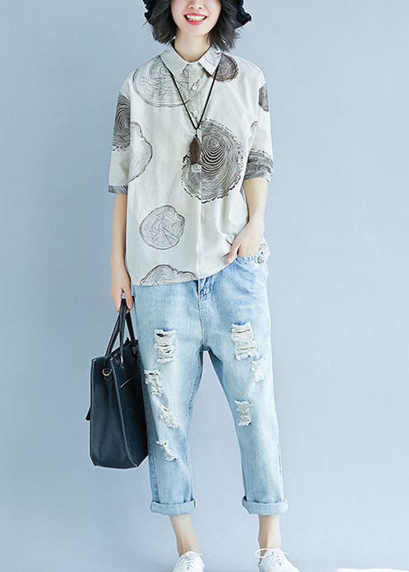 White Peter Pan Collar Print Cotton Top Half Sleeve