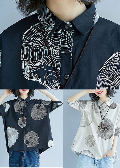 White Peter Pan Collar Print Cotton Top Half Sleeve