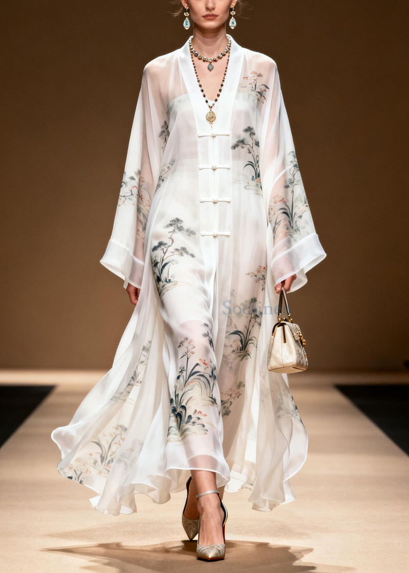 White Print Chinese Button Draping Chiffon Dress Summer