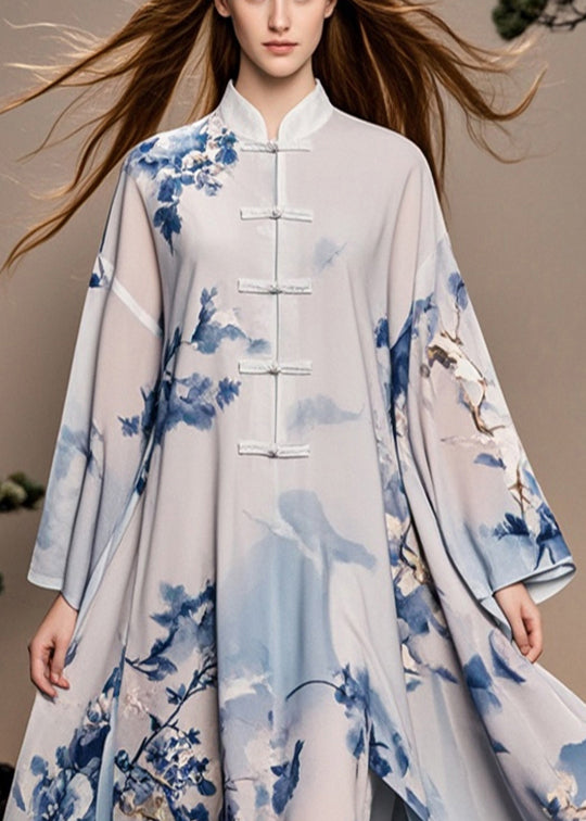 White Print Chinese Button Side Open Chiffon Oriental Dress Spring