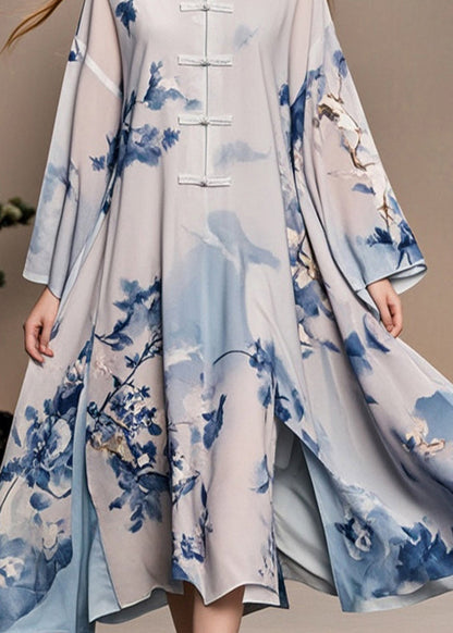 White Print Chinese Button Side Open Chiffon Oriental Dress Spring