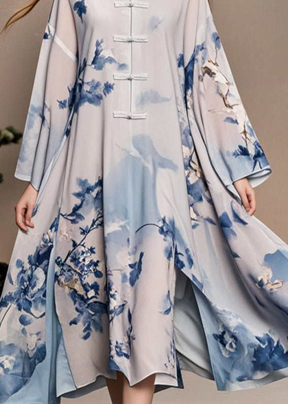 White Print Chinese Button Side Open Chiffon Oriental Dress Spring