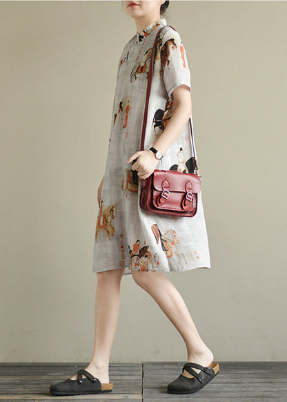 White Print Oriental Button Linen Dress Short Sleeve
