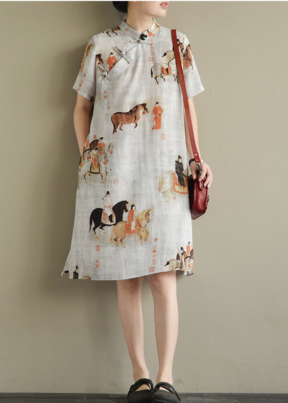 White Print Oriental Button Linen Dress Short Sleeve