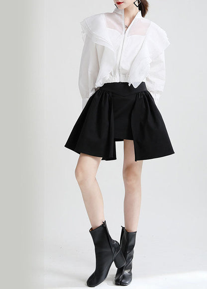 White Ruffles Zippered Patchwork Tulle Fall Long Sleeve Coat
