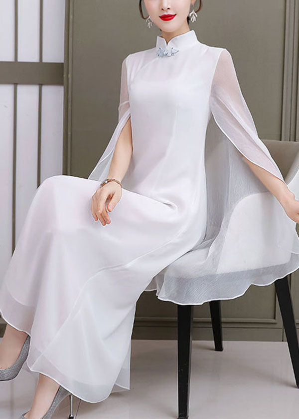 White Mandarin Collar Shawl Chiffon Cheongsam Dress Sleeveless