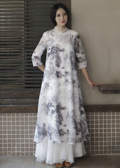 White Stand Collar Ruffled Print Patchwork Linen Dress Summer