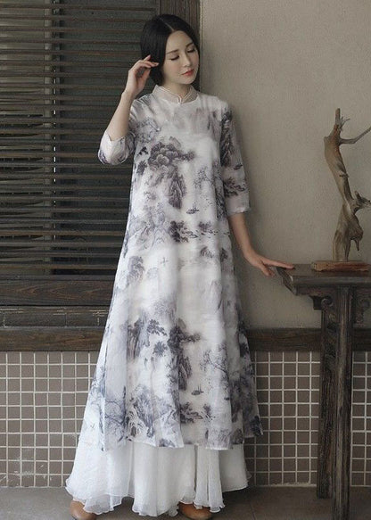 White Stand Collar Ruffled Print Patchwork Linen Dress Summer