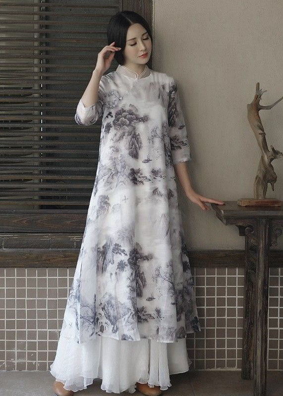 White Stand Collar Ruffled Print Patchwork Linen Dress Summer