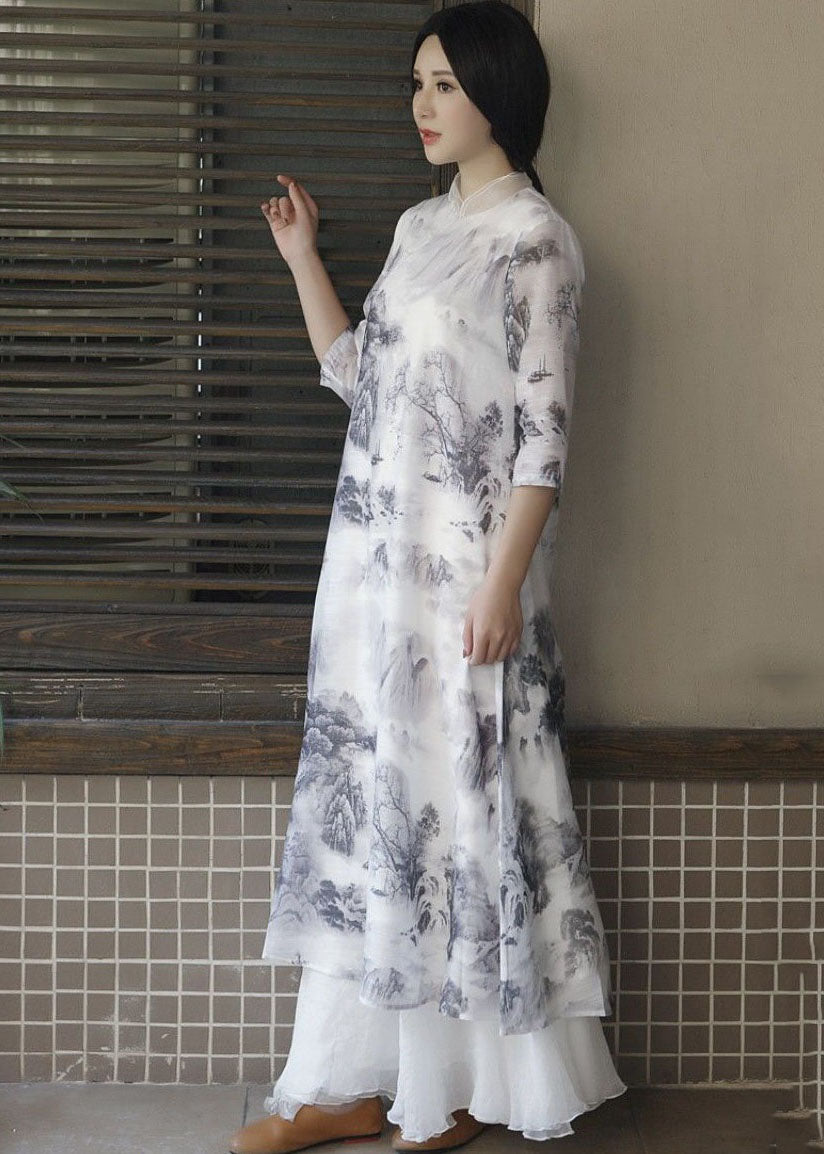 White Stand Collar Ruffled Print Patchwork Linen Dress Summer