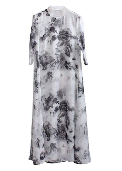 White Stand Collar Ruffled Print Patchwork Linen Dress Summer