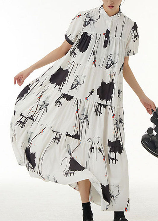 White Stand Collar Wrinkled Print Chiffon Dresses Summer