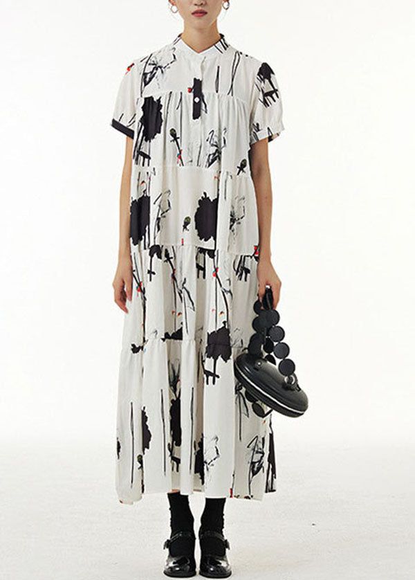 White Stand Collar Wrinkled Print Chiffon Dresses Summer