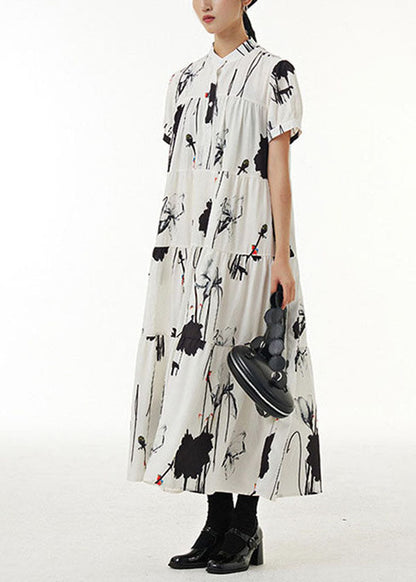 White Stand Collar Wrinkled Print Chiffon Dresses Summer