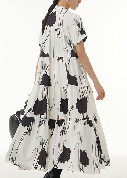 White Stand Collar Wrinkled Print Chiffon Dresses Summer
