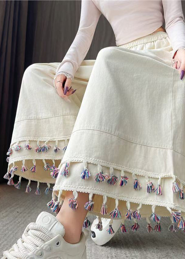 White Tasseled Patchwork Cotton Crop Pants Spring