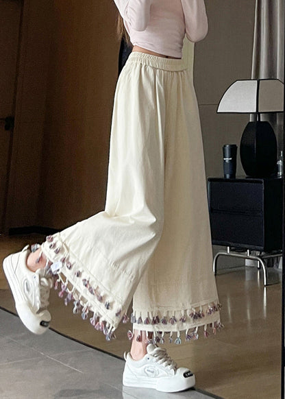 White Tasseled Patchwork Cotton Crop Pants Spring