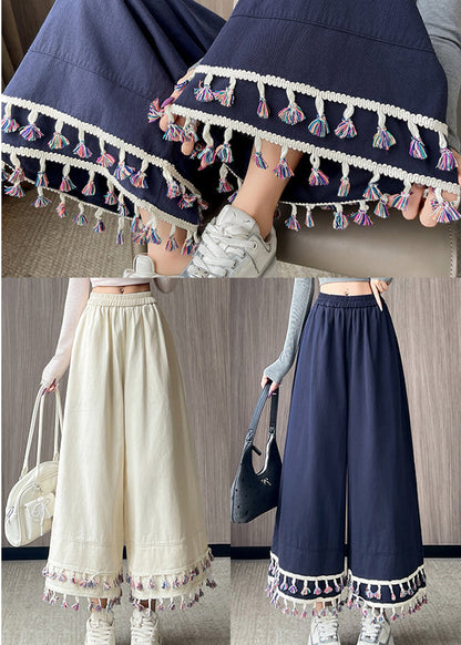 White Tasseled Patchwork Cotton Crop Pants Spring